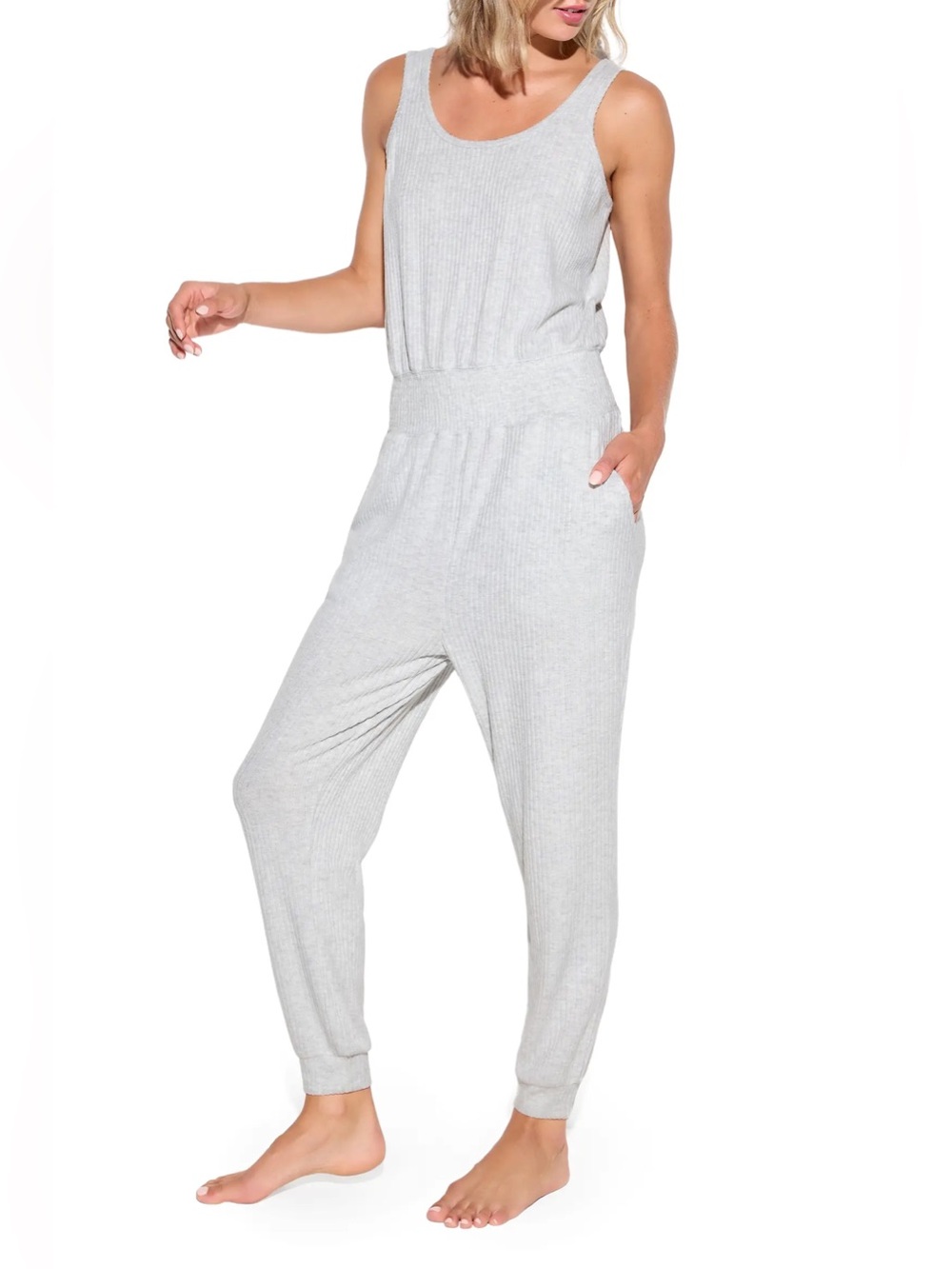Spiritual Gangster Tranquility Jumpsuit NWT Size Large Light Heather Grey Ribbed - Picture 2 of 13